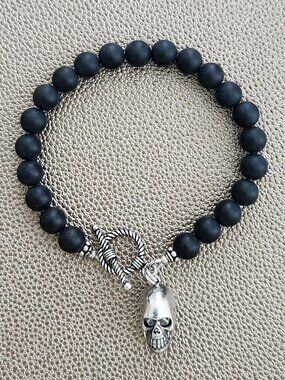 MATTE BLACK ONYX BRACELET W/ 925 SILVER SKULL
